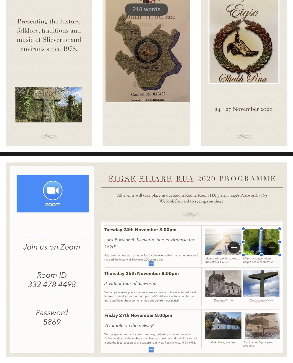 Supplied screenshot of the 2020 brochure, showing its covers and three online events.