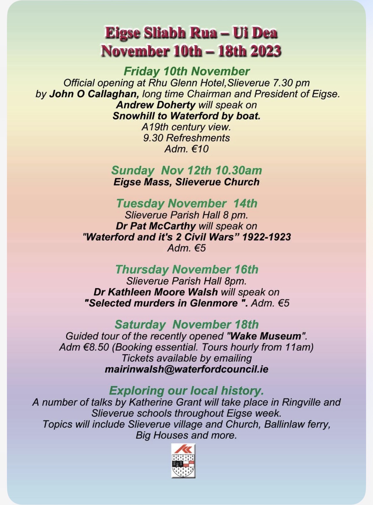 Original Éigse Sliabh Rua 2023 festival programme, with river history, civil-war history and Glenmore stories.