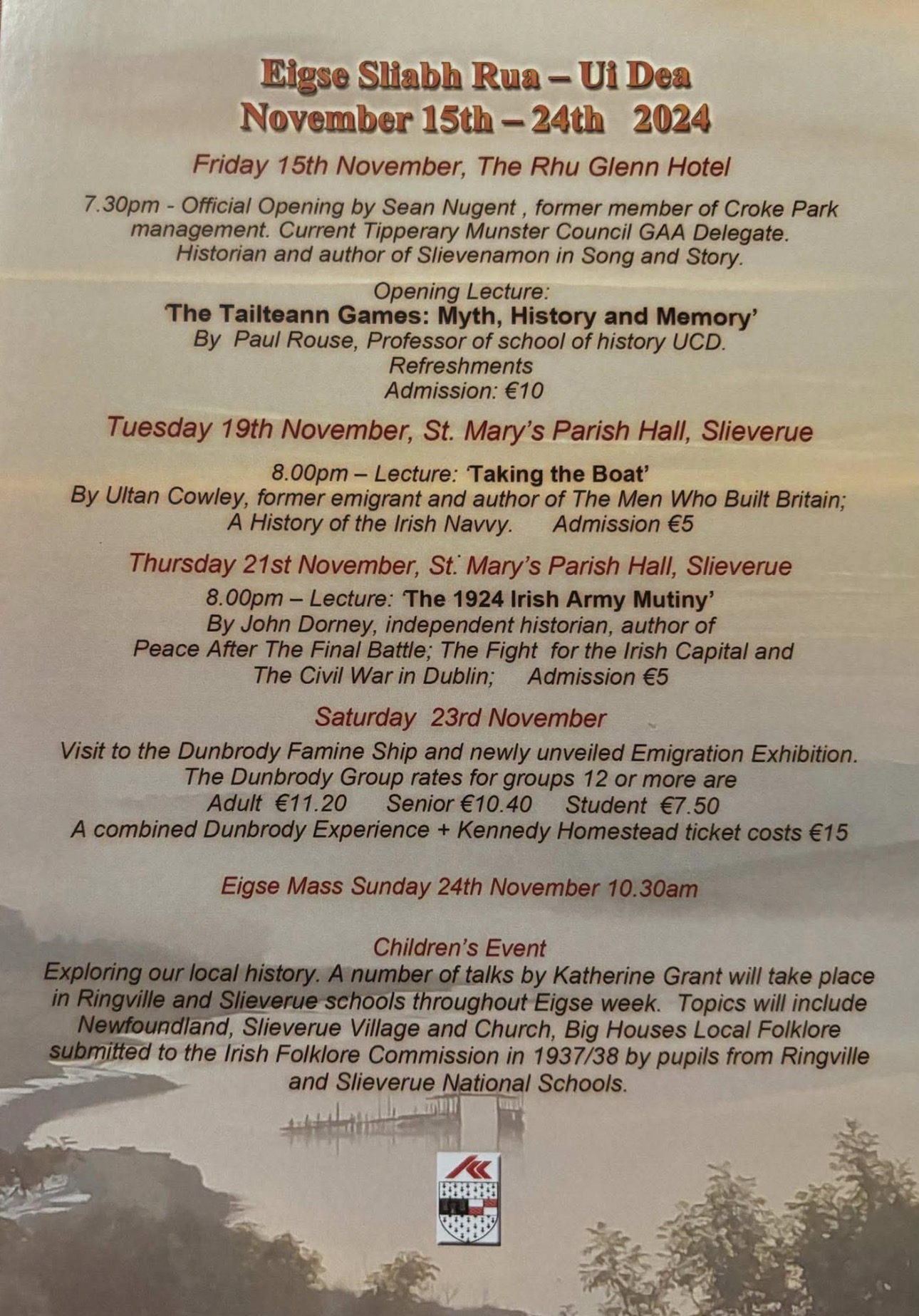 Original Éigse Sliabh Rua 2024 programme, with talks by Paul Rouse, Ultan Cowley and John Dorney.